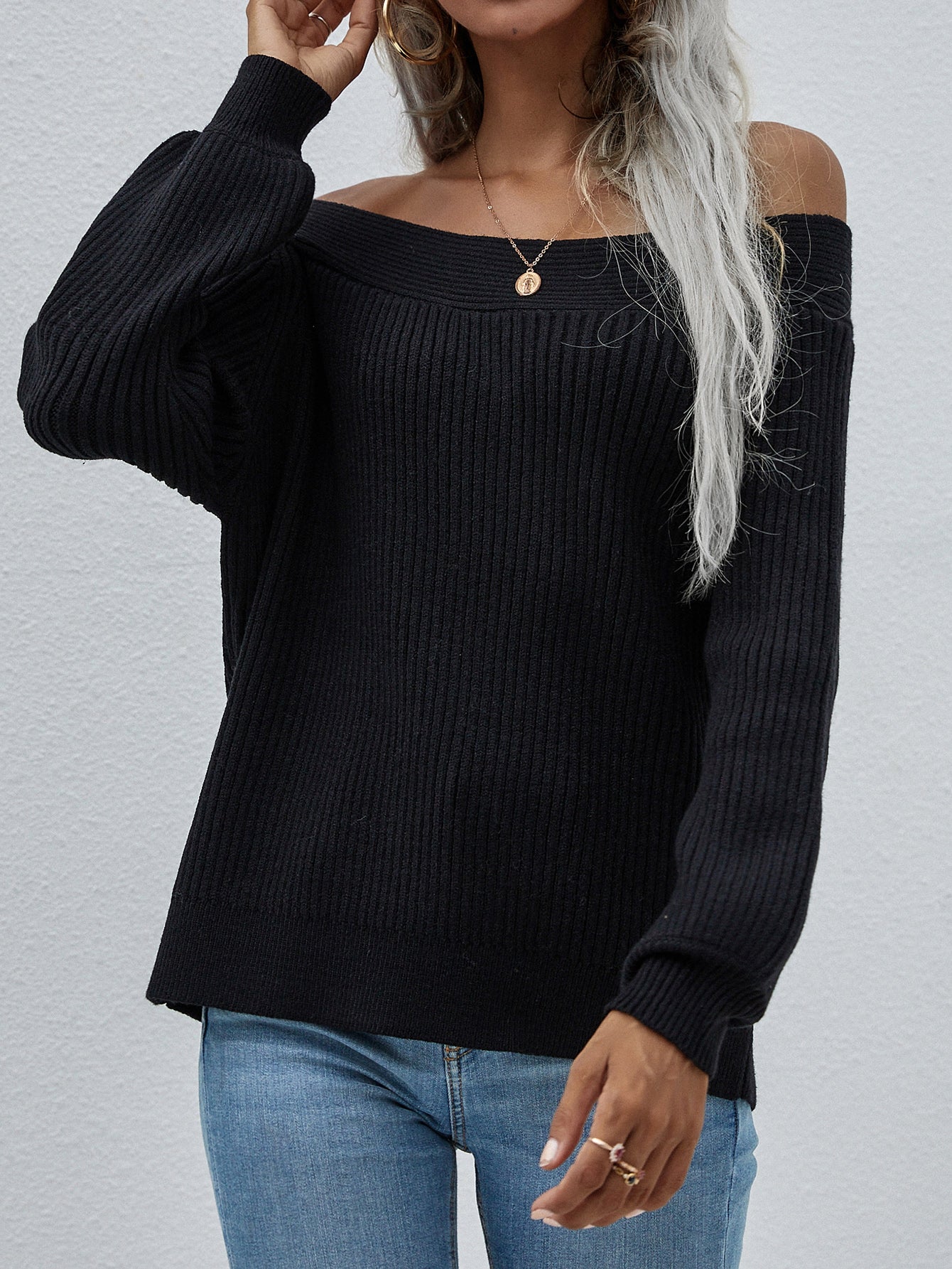 Off-Shoulder Rib-Knit Sweater *