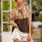 Striped Tie Neck Short Sleeve Blouse