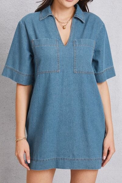 Larissa Bea Pocketed Collared Neck Mini Denim Dress