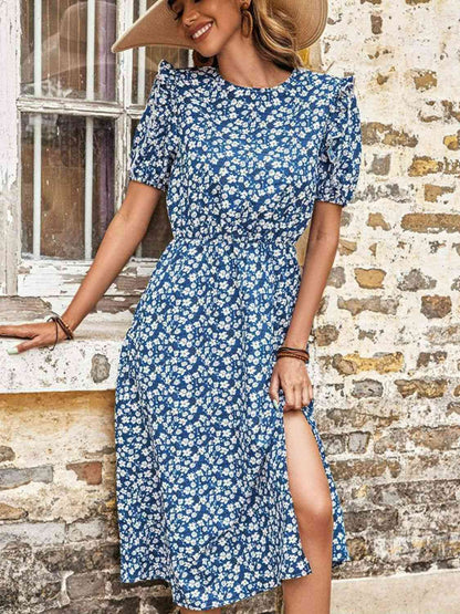 Blue Full Size Floral Round Neck Split Midi Dress