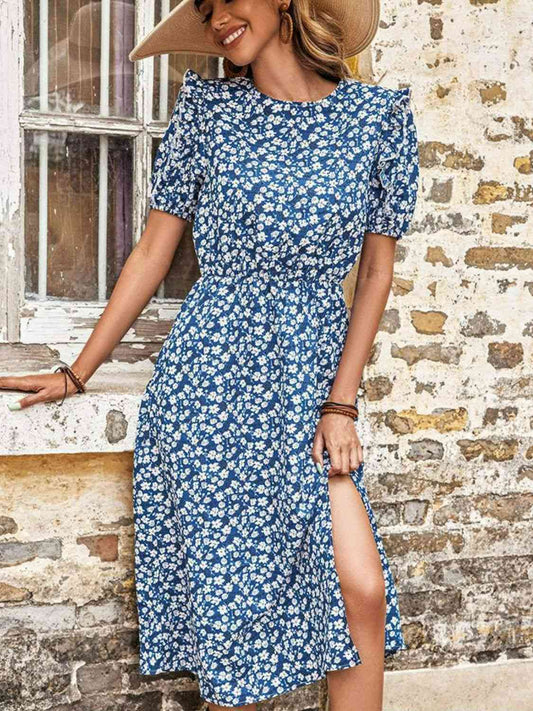 Blue Full Size Floral Round Neck Split Midi Dress