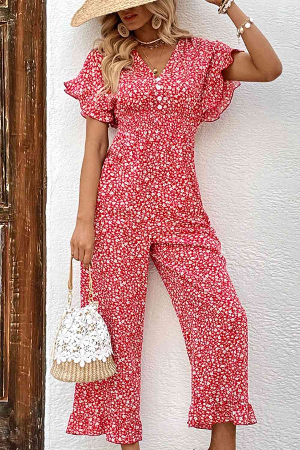 Floral Printed Tie Back Ruffled Jumpsuit