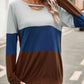 Color Block Cutout Round Neck Long Sleeve T-Shirt