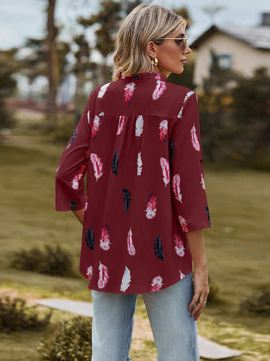 Full Size Printed Roll-Tab Sleeve Notched Neck Blouse