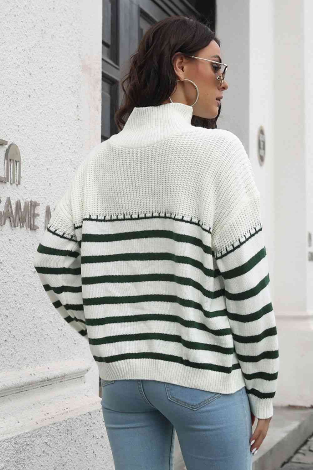 KnittedEmporium Striped Turtleneck Drop Shoulder Sweater