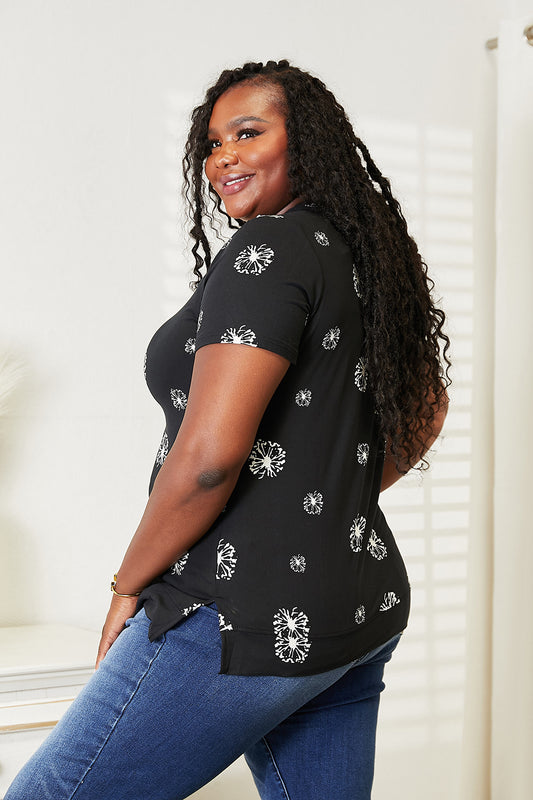 Double Take Black Full Size Dandelion Print Round Neck T-Shirt
