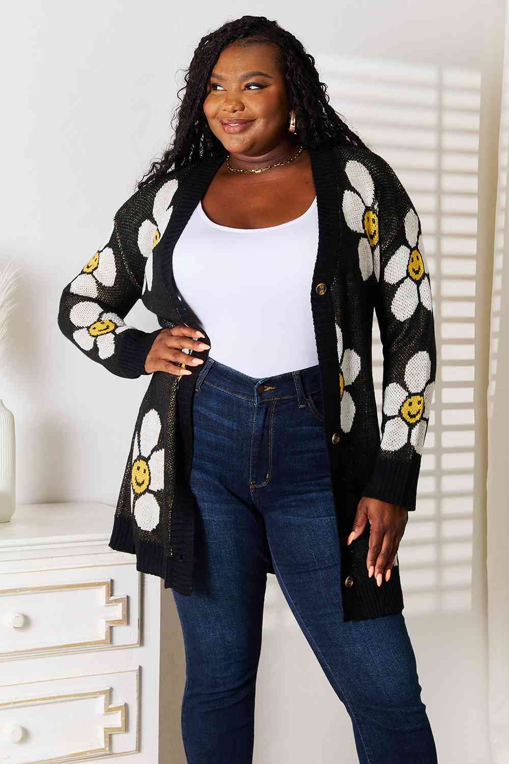 Double Take Floral Button Down Longline Cardigan *