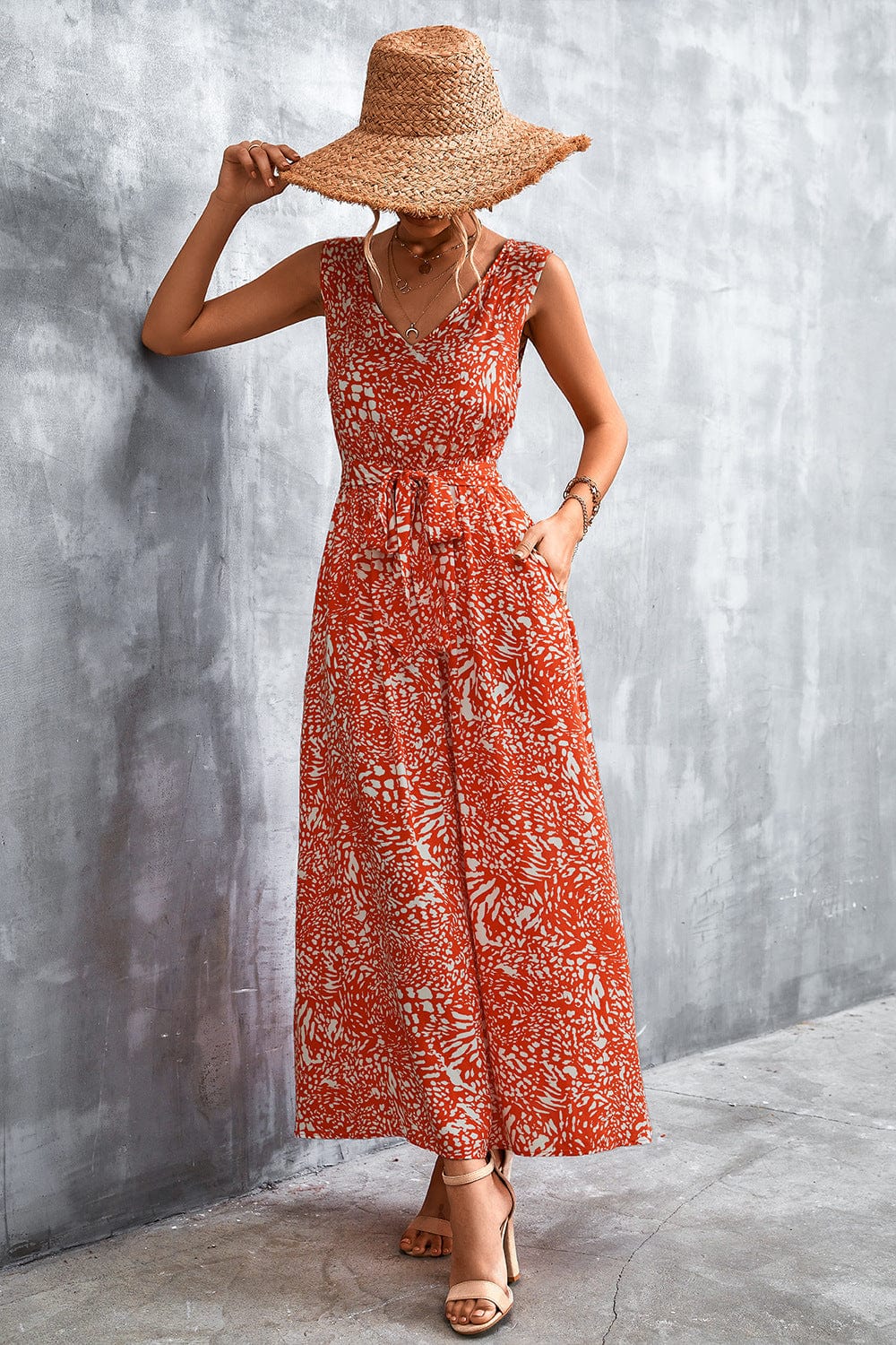 Full Size Printed V-Neck Tie Waist Maxi Dress