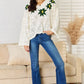 POL Cream Floral Embroidered Pattern V-Neck Sweater