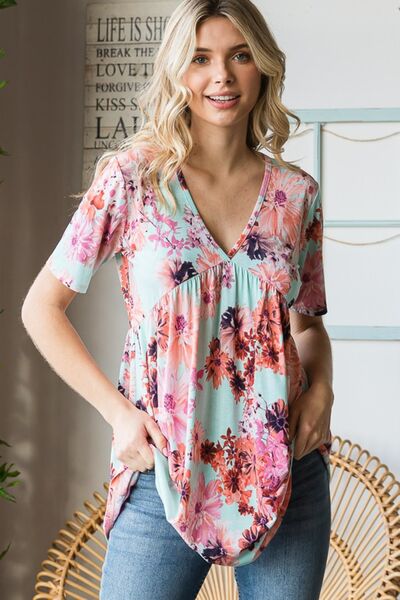 Heimish Full Size Floral V-Neck Short Sleeve Babydoll Blouse *