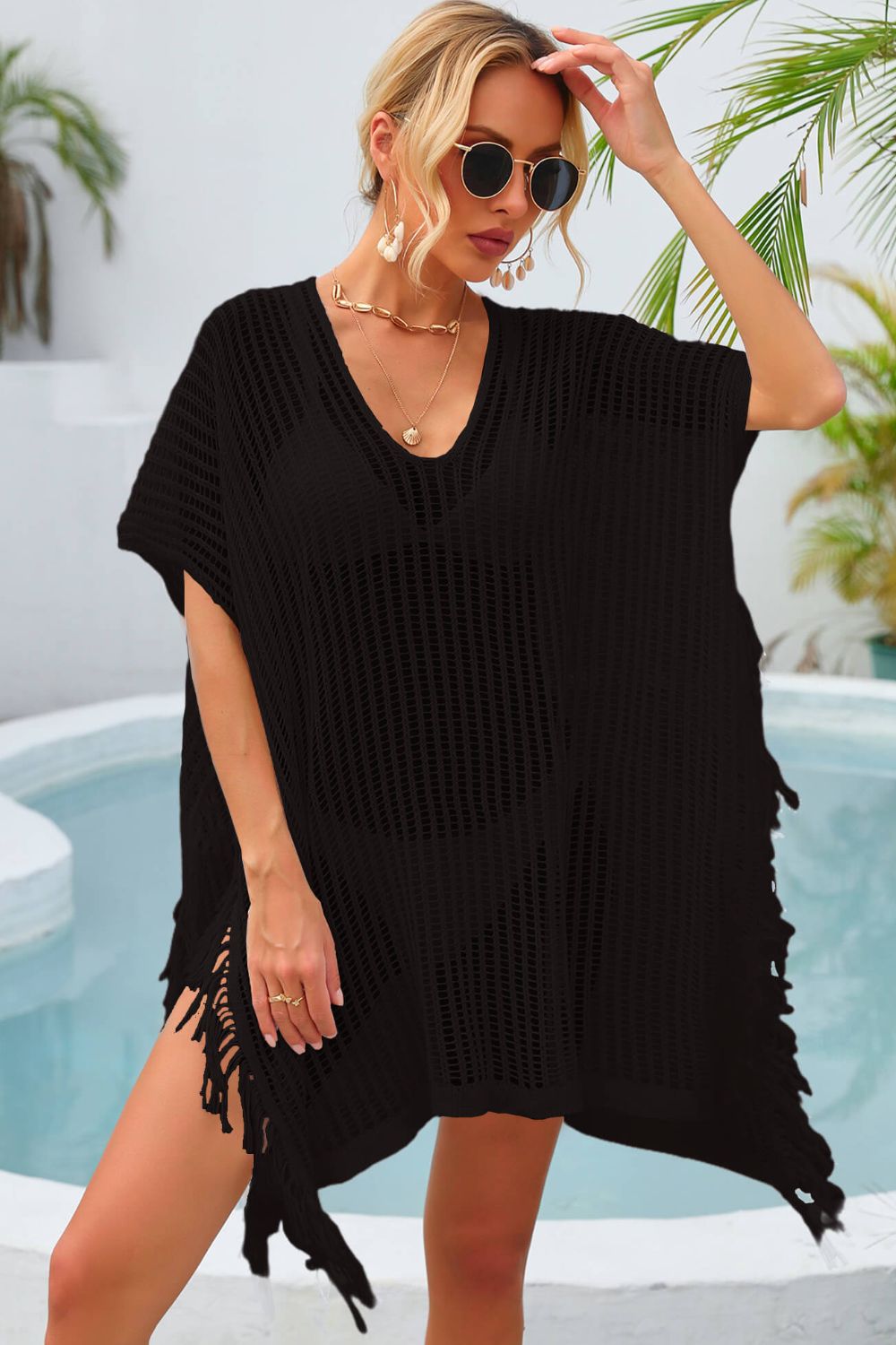 SO SUMMER One Size Fringe Trim Openwork Cover Up