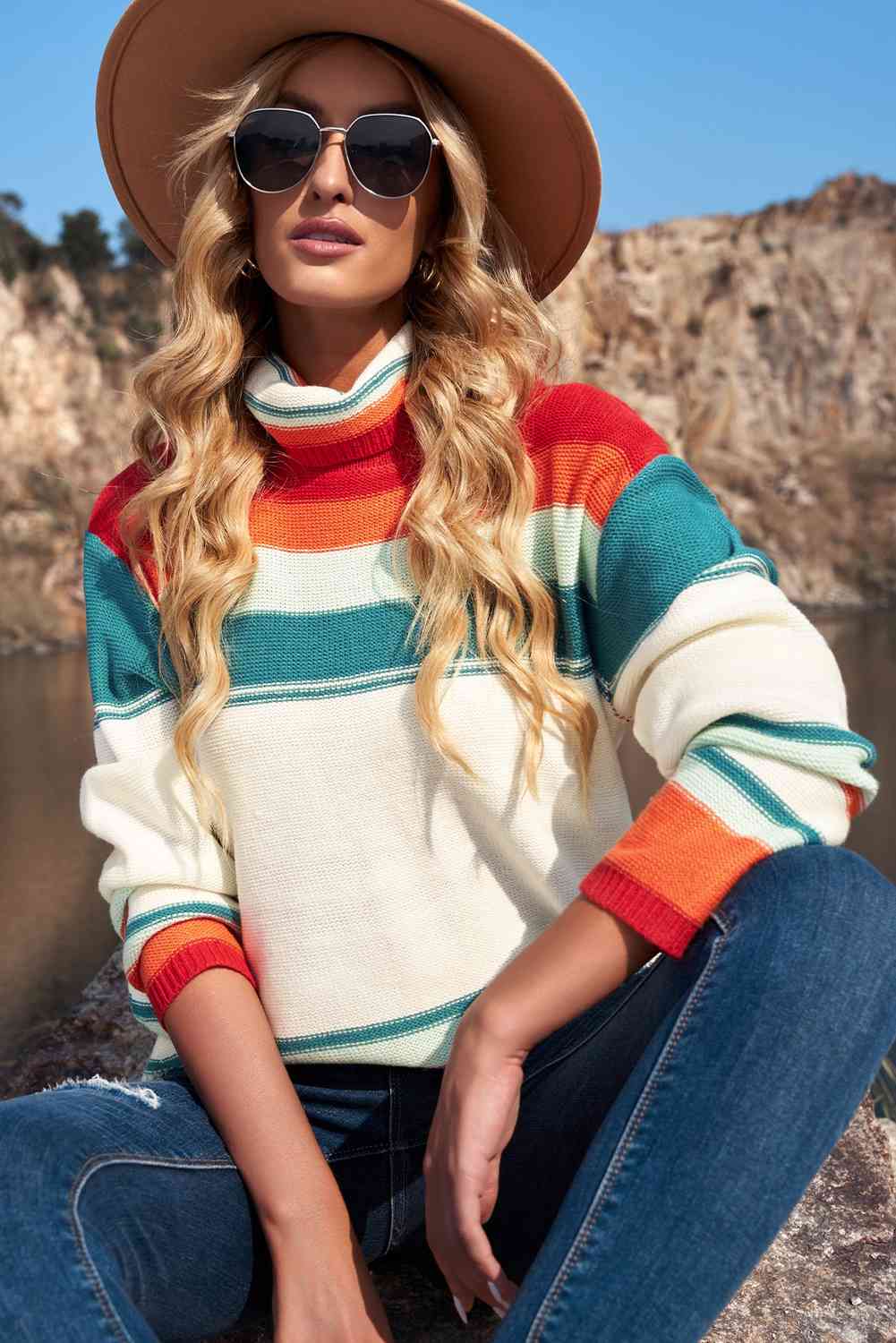 Woven Right Striped Turtleneck Drop Shoulder Sweater