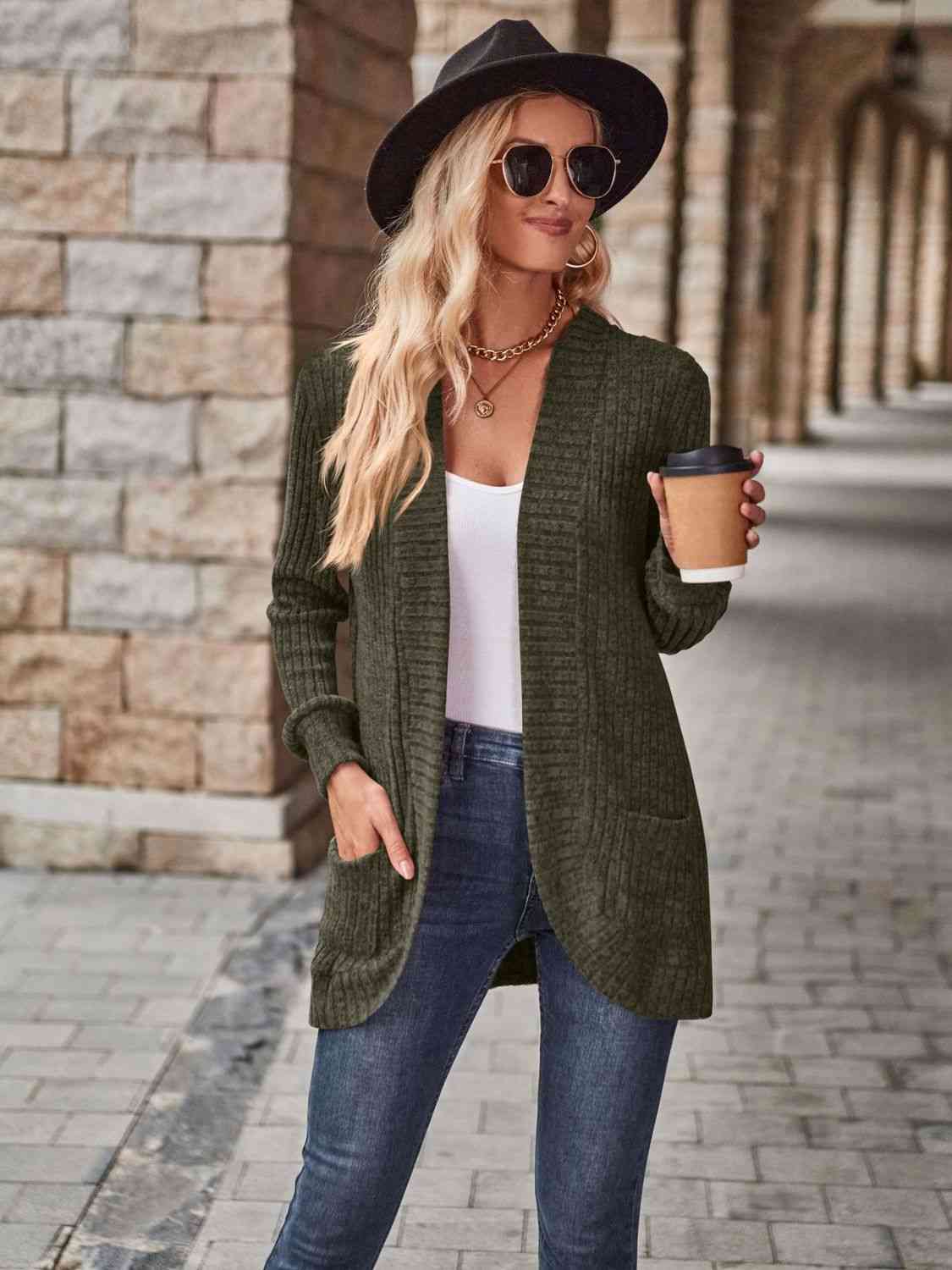 Full Size Open Front Cardigan with Pockets