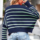 Striped Round Neck Drop Shoulder Slit Sweater