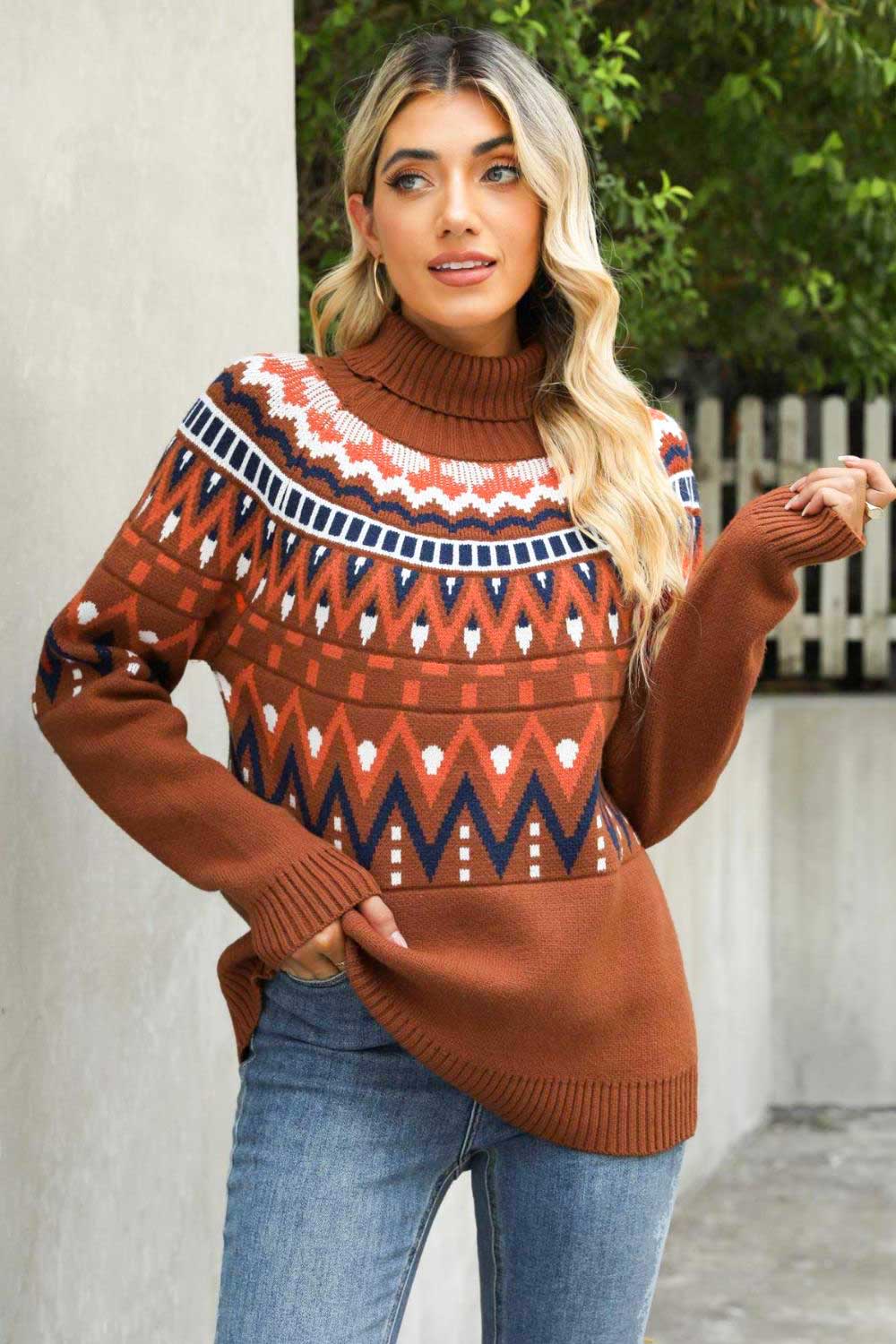 Chevron Turtleneck Ribbed Trim Sweater