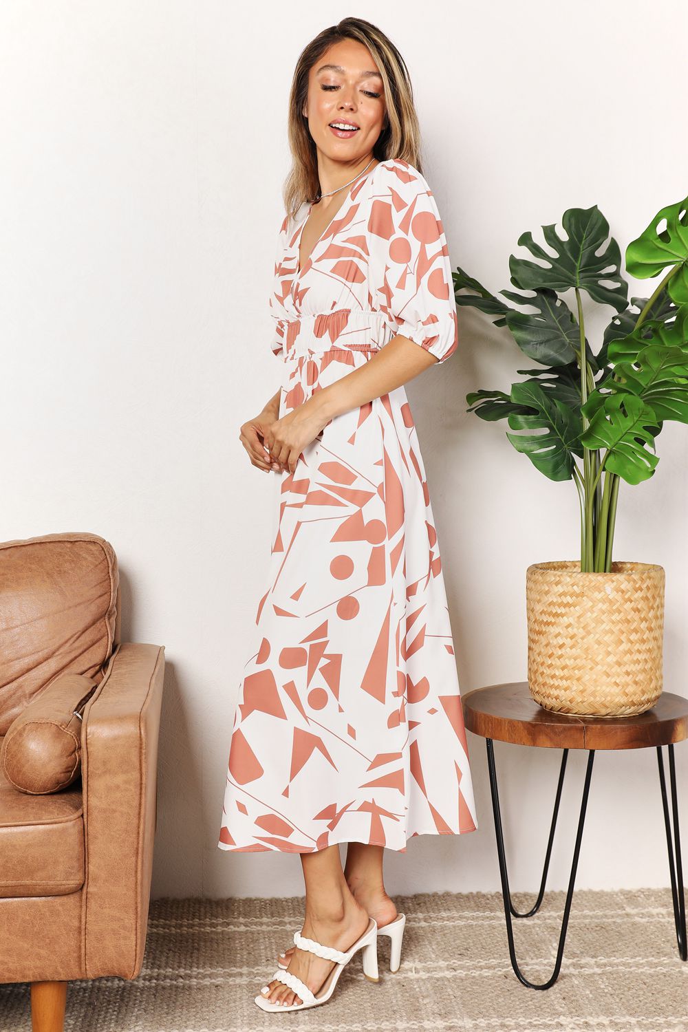 Double Take Camel Printed Surplice Balloon Sleeve Dress *