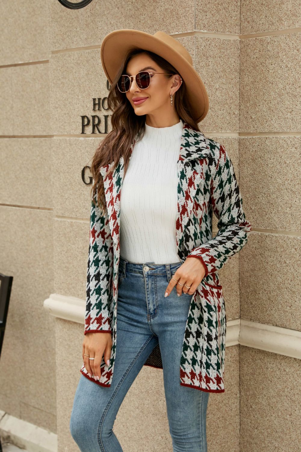 Women's Printed Open Front Lapel Collar Cardigan with Pockets