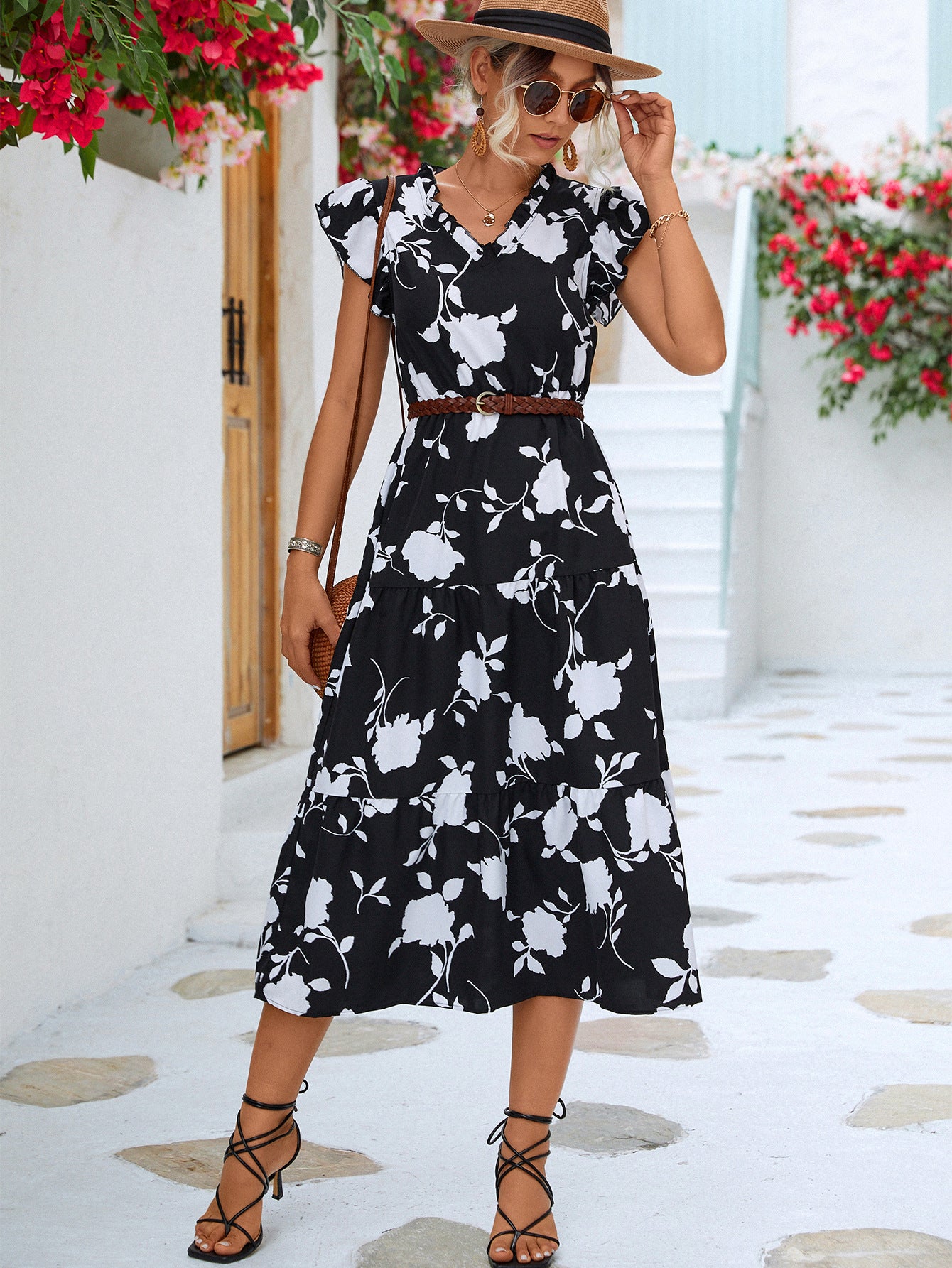 Women's Floral Frill Trim V-Neck Tiered Midi Dress