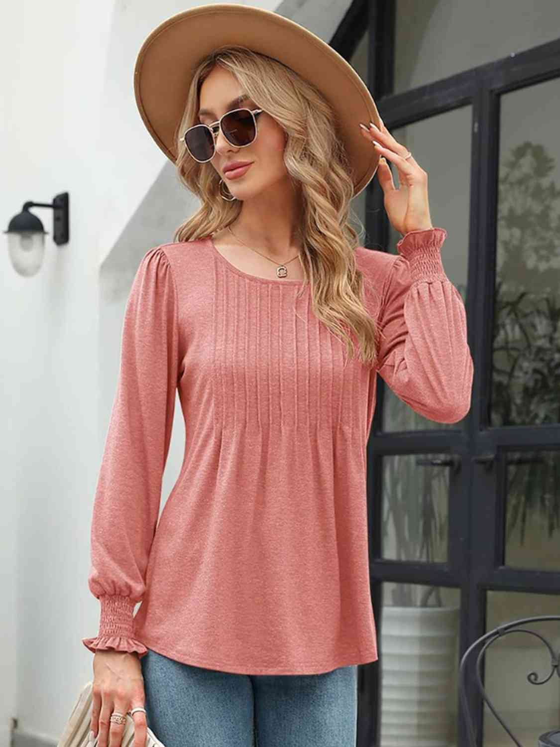 Aurora Lea Smocked Round Neck Lantern Sleeve Blouse