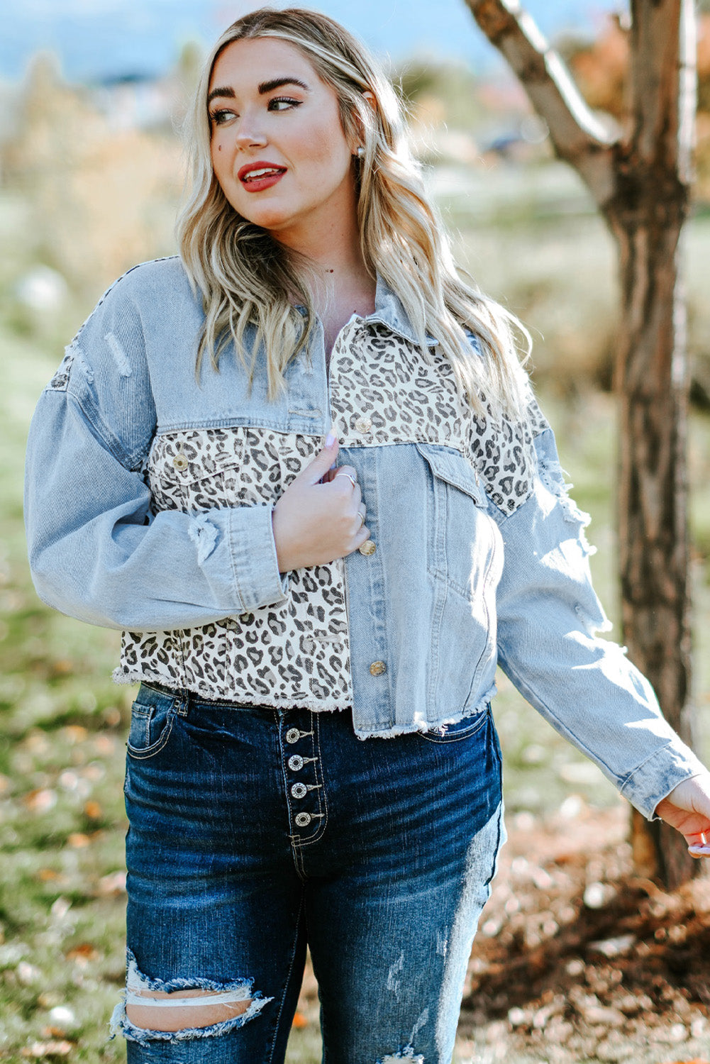 Women's Plus Size Leopard Raw Hem Distressed Spliced Denim Jacket