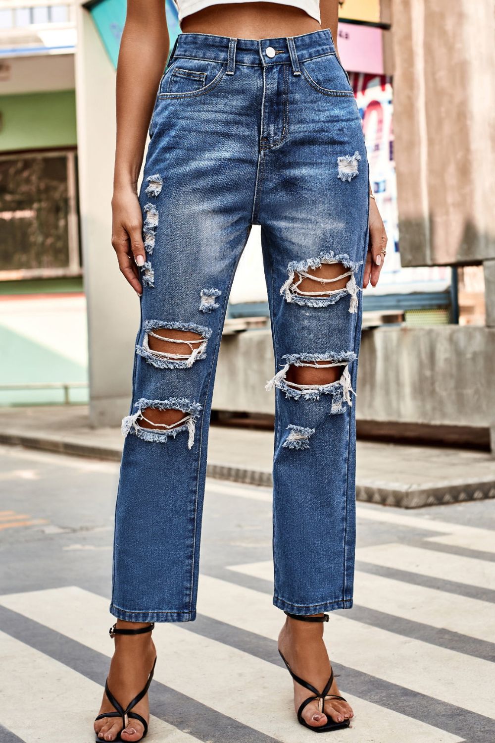 BeyondYou Distressed Buttoned Jeans with Pockets