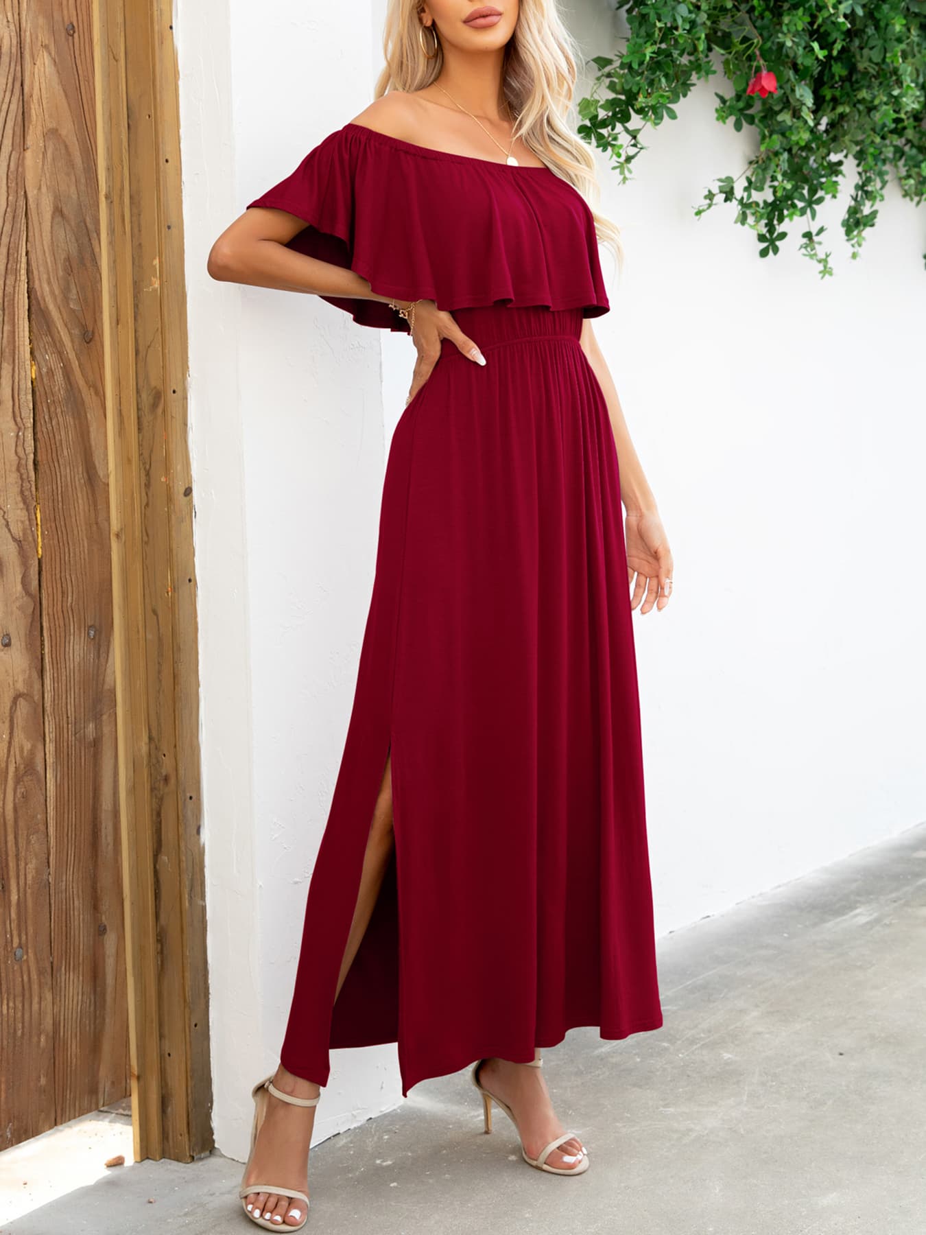 OCEANSIDE Full Size Off-Shoulder Slit Maxi Dress