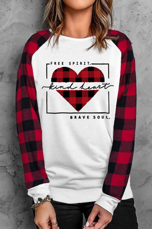 Full Size Plaid Heart Round Neck Sweatshirt