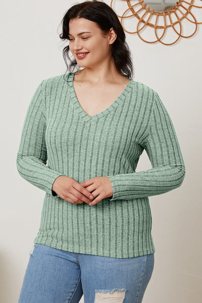 Basic Bae Full Size Ribbed V-Neck Long Sleeve T-Shirt *