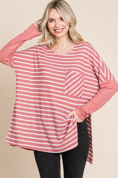 Culture Code Oversize Striped Round Neck Long Sleeve Slit T-Shirt *