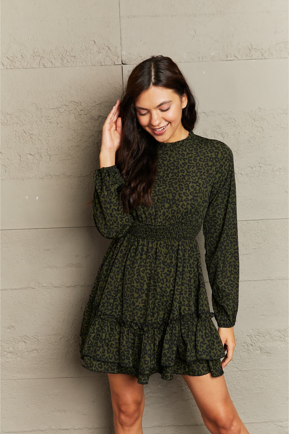 Army Green Leopard Smock Waist Long Sleeve Dress
