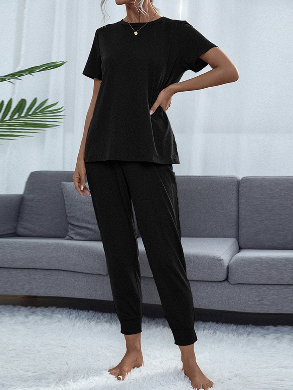 Full Size Round Neck Short Sleeve Top and Pants Set