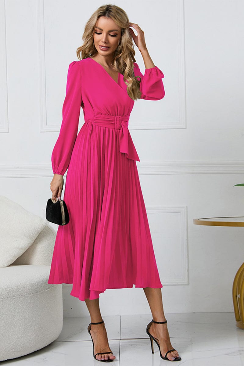 Full Size V-Neck Long Sleeve Tie Waist Midi Dress