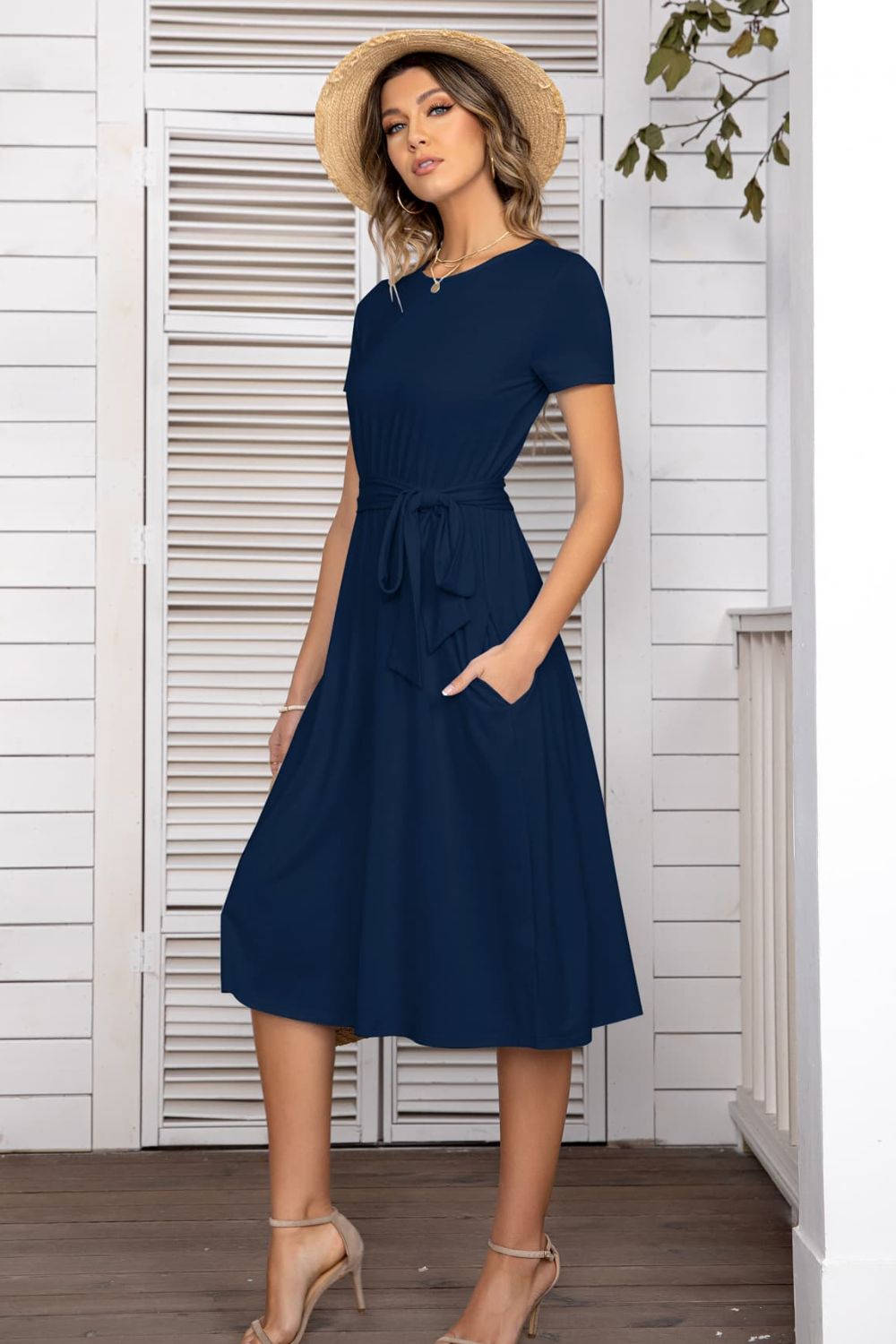 Full Size Belted Tee Dress With Pockets