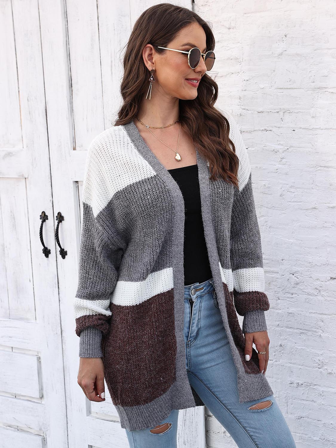 One Size Color Block Open Front Cardigan