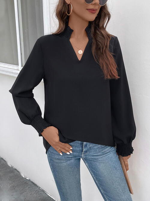 Black Smocked Notched Long Sleeve Blouse