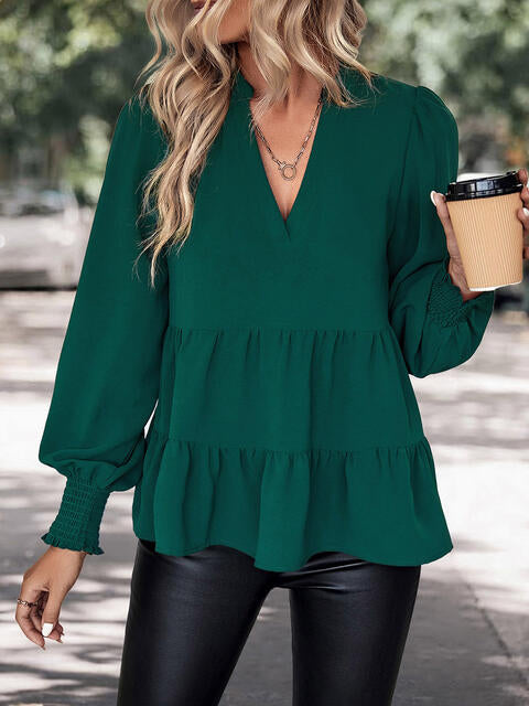 Green Notched Neck Lantern Sleeve Blouse