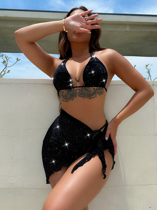 Glitter Halter Neck Backless Three-Piece Black Swim Set