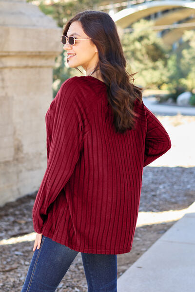 Basic Bae Full Size Ribbed Round Neck Long Sleeve Knit Top *