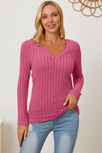 Basic Bae Full Size Ribbed V-Neck Long Sleeve T-Shirt *
