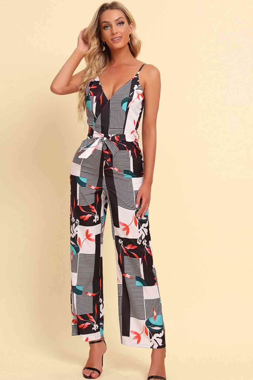 White Printed Spaghetti Strap Tied Jumpsuit