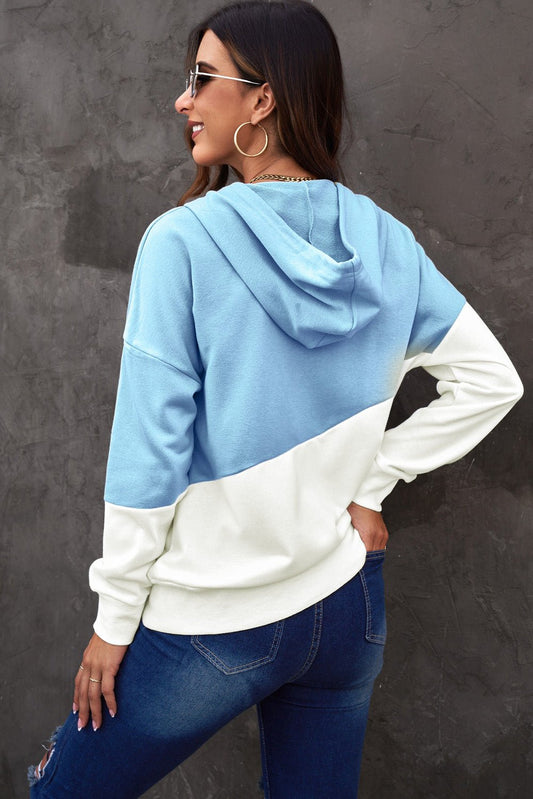 Women's Full Size Color Block Zip Up Drawstring Hooded Jacket