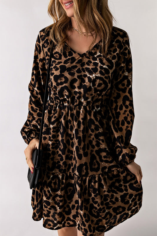 Women's Leopard V-Neck Balloon Sleeve Tiered Dress