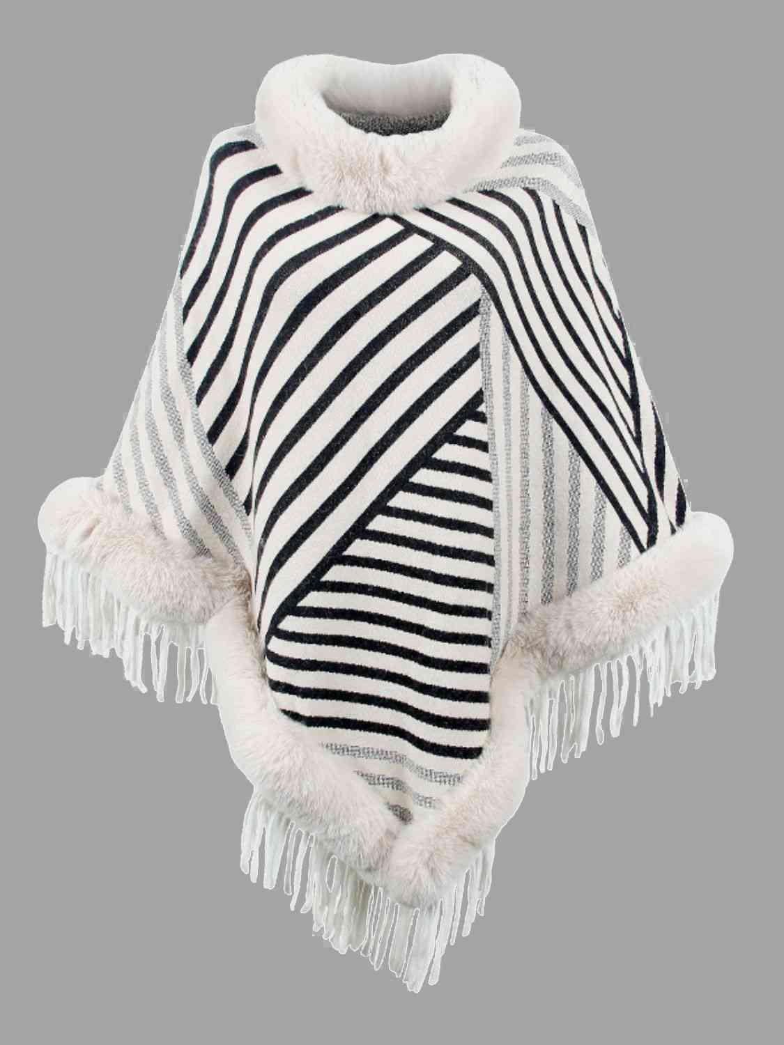 Contrasting Beauty One Size Striped Fringe Hem Poncho