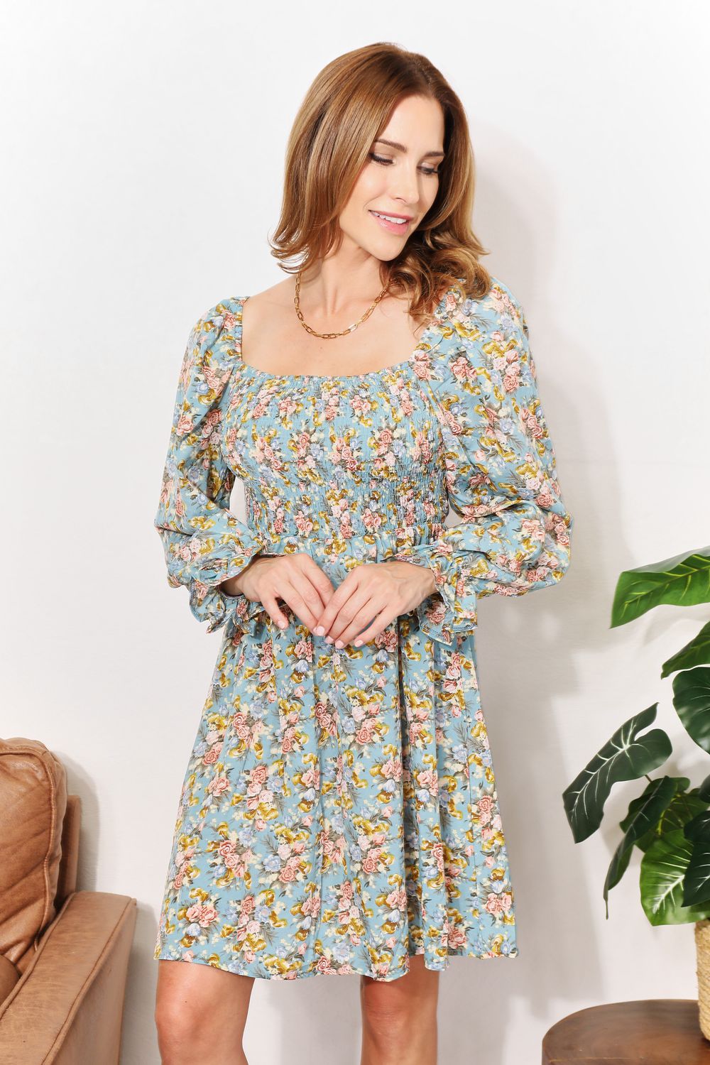 Double Take Floral Smocked Flounce Sleeve Square Neck Dress *