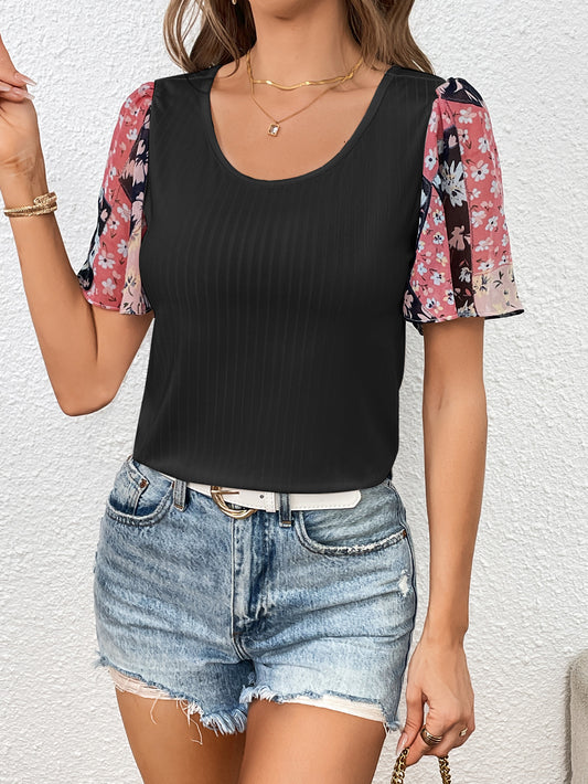 Full Size Printed Puff Sleeve Round Neck Tee