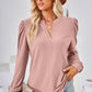 Ruched Notched Long Sleeve T-Shirt