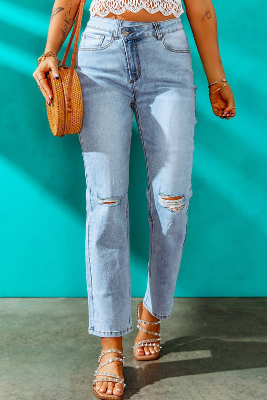 BEYOND CHIC Blue High Waist Distressed Straight Leg Jeans