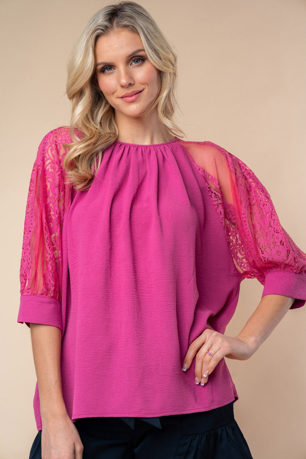 White Birch Round Neck Lace Half Sleeve Blouse *