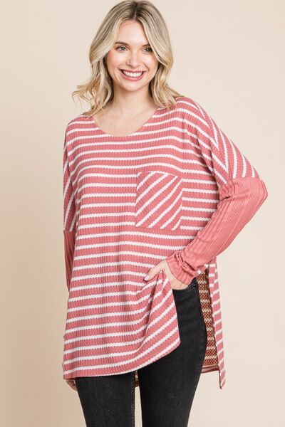 Culture Code Oversize Striped Round Neck Long Sleeve Slit T-Shirt *