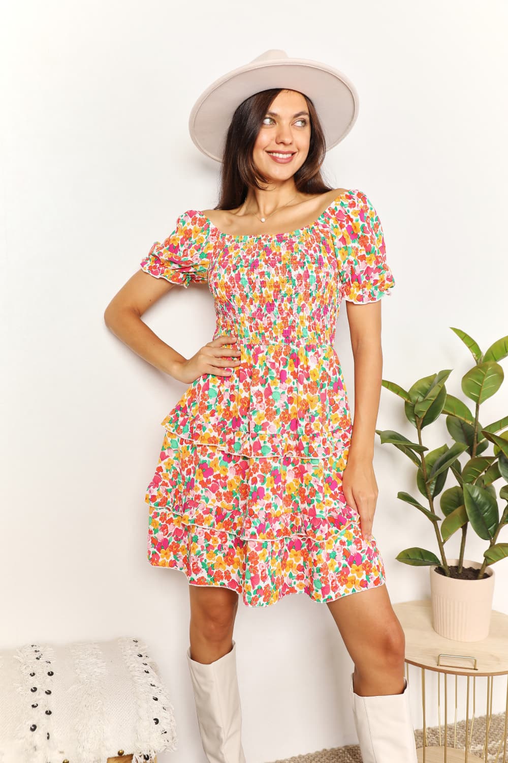 Double Take Strawberry Smocked Sweetheart Neck Flounce Sleeve Strawberry Mini Dress *